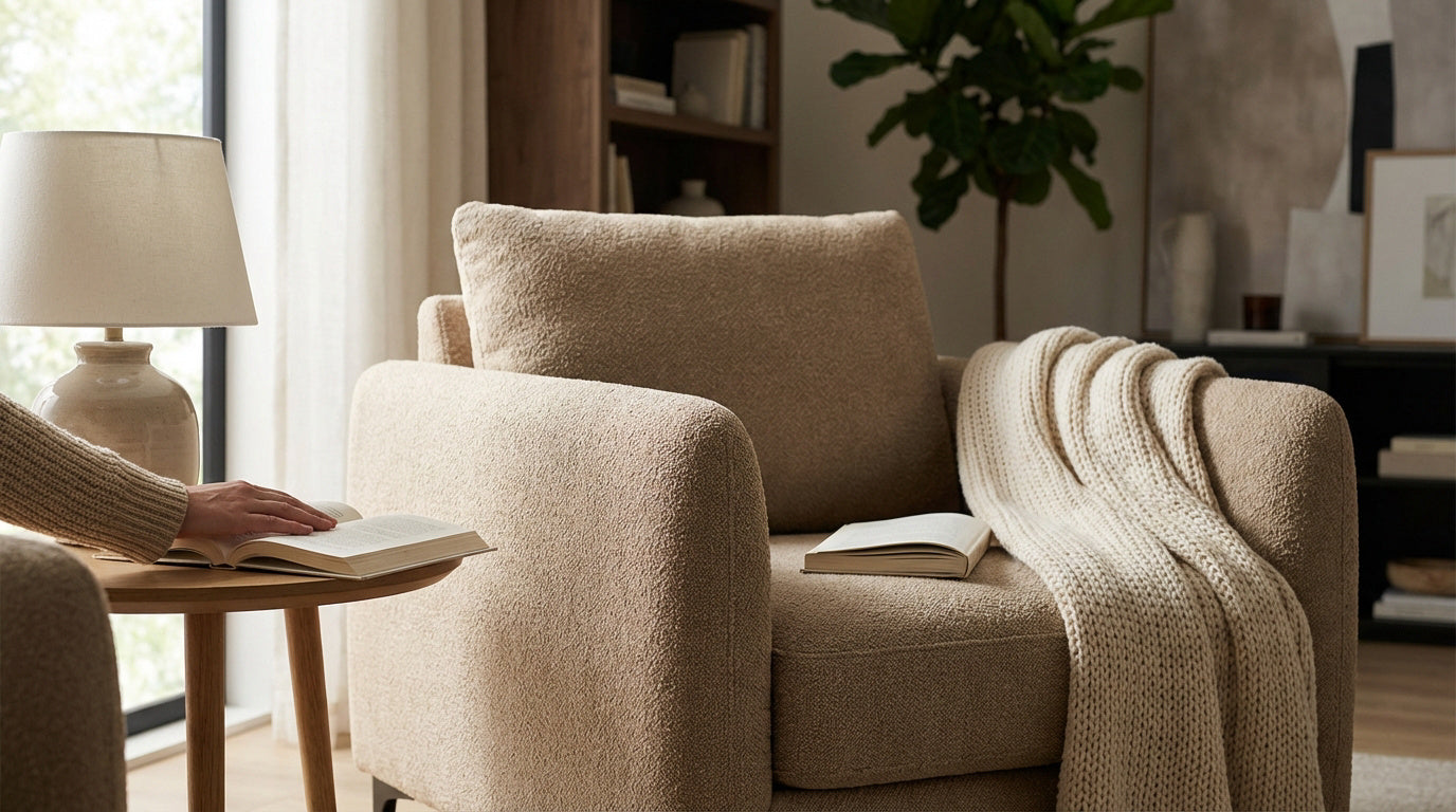 invitation a la lecture fauteuil beige et ambiance cosy Image