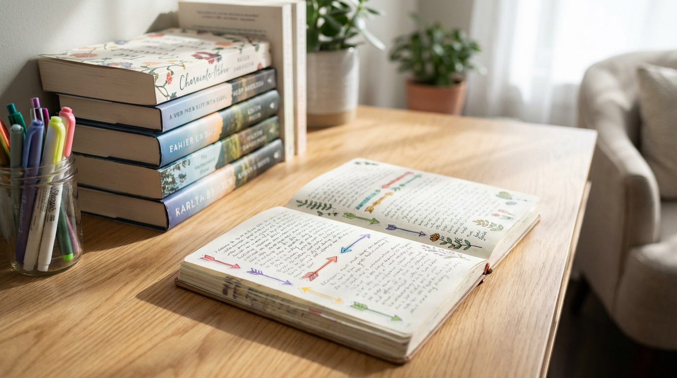 journal de lecture ouvert sur un bureau en bois Image