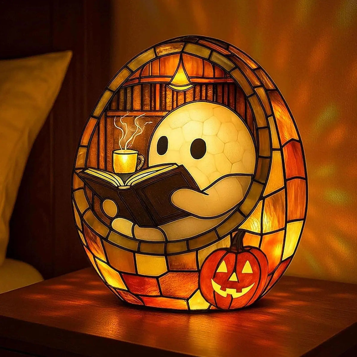 Fantôme qui lit un livre dans son coin lecture avec une tasse de café fumante, luminaire halloween lecteurs