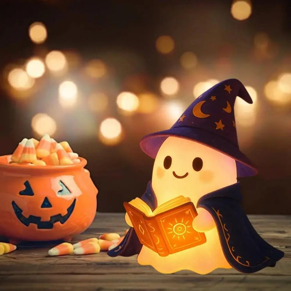 Lampe d'halloween fantome sorcier qui lit un livre