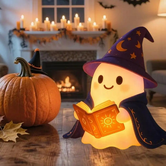 Fantome sorcier qui lit un livre lampe de lecture pour halloween design
