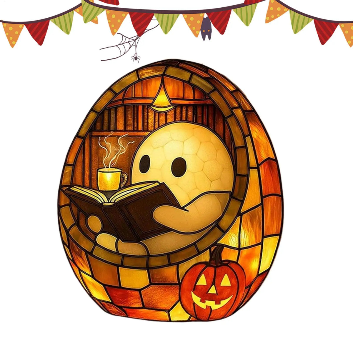 Ambiance automne halloween avec une veilleuse de lecture fantôme qui lit