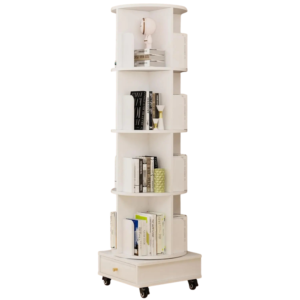 Bibliothèque colonne en bois rotative sur roulettes