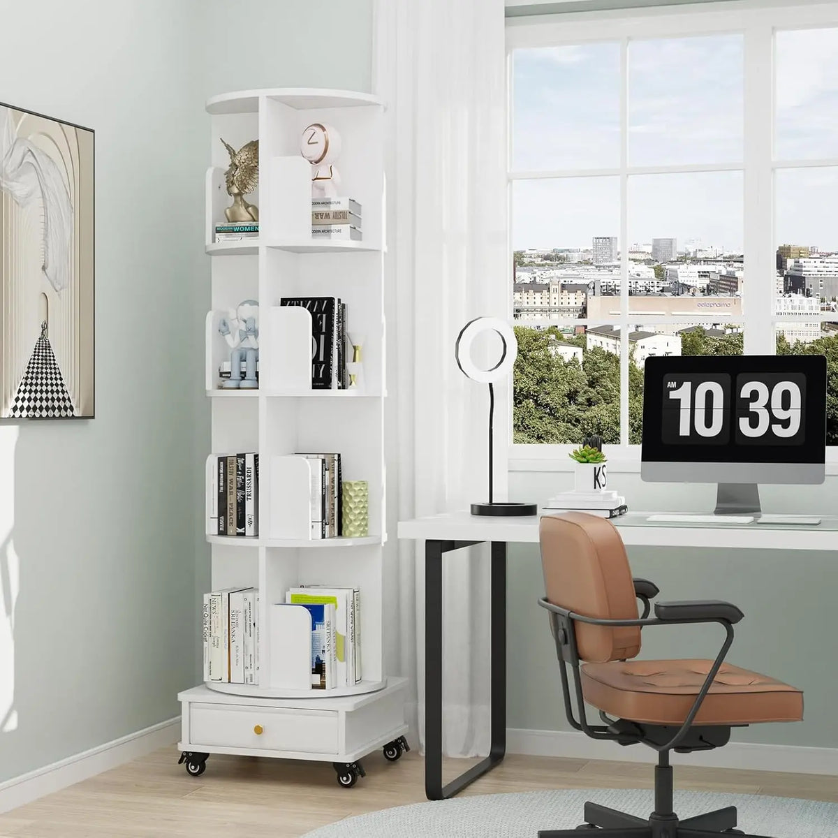Colonne à livres rotative 360° en bois blanc