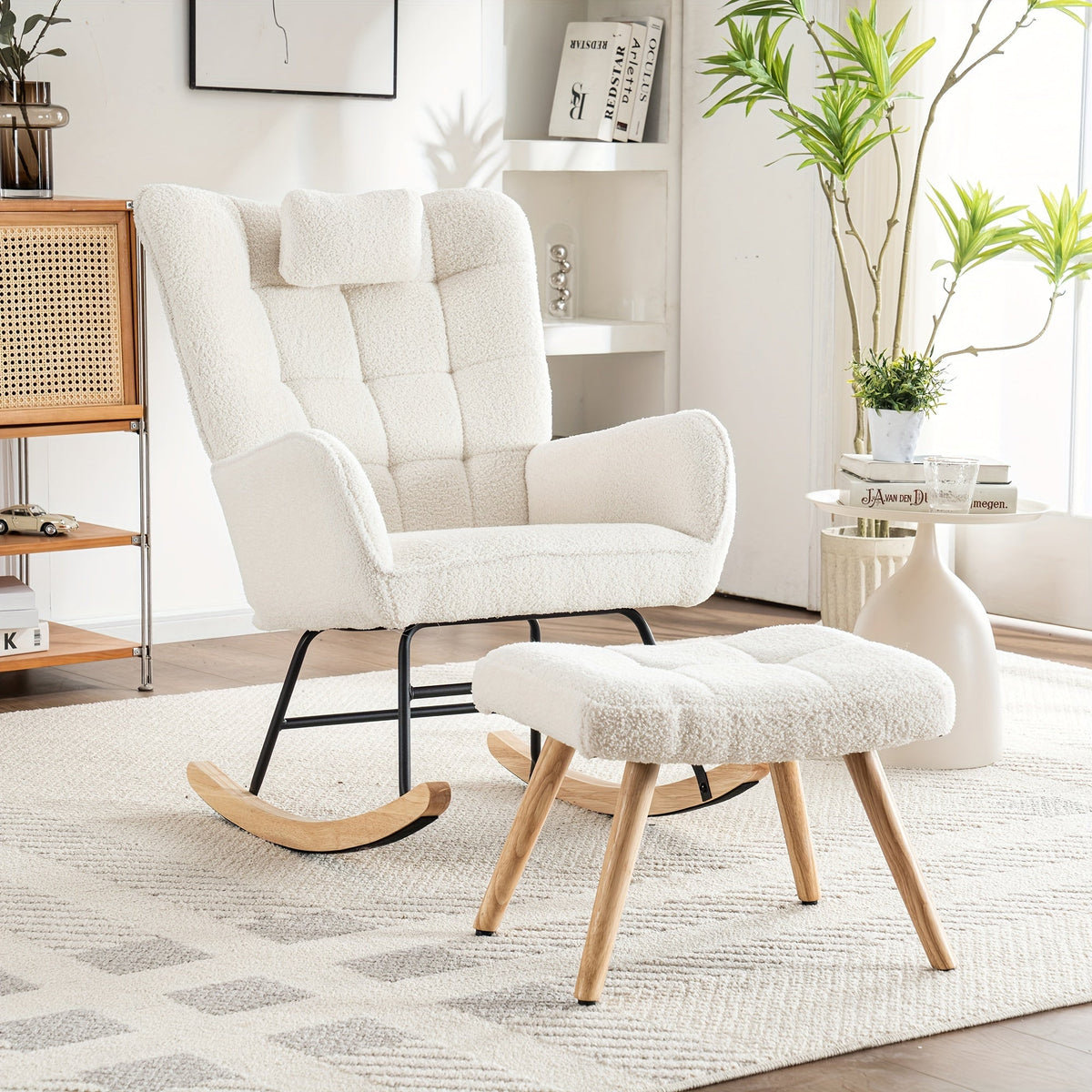 Fauteuil a Bascule - Blanc avec Repose Pied - Fauteuil de Lecture