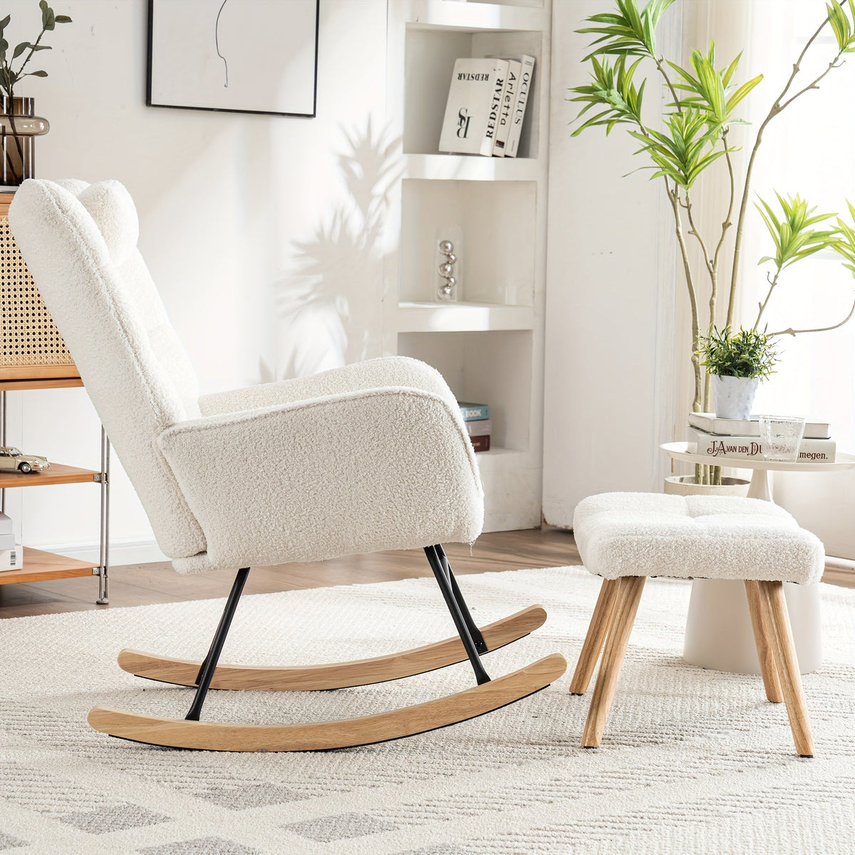 Fauteuil a Bascule - Blanc avec Repose Pied - Fauteuil de Lecture