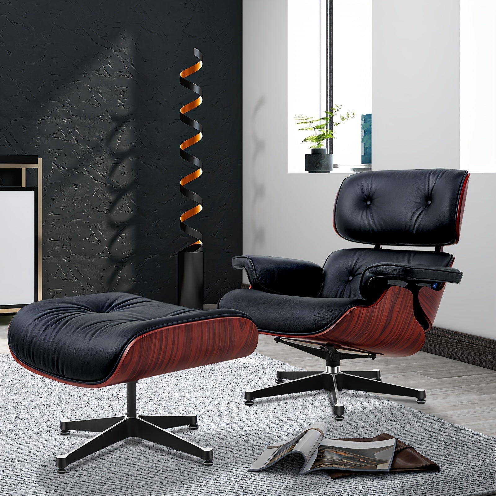 Fauteuil de Lecture - Design Luxueux - Dark rosewood + black leather - Fauteuil de Lecture