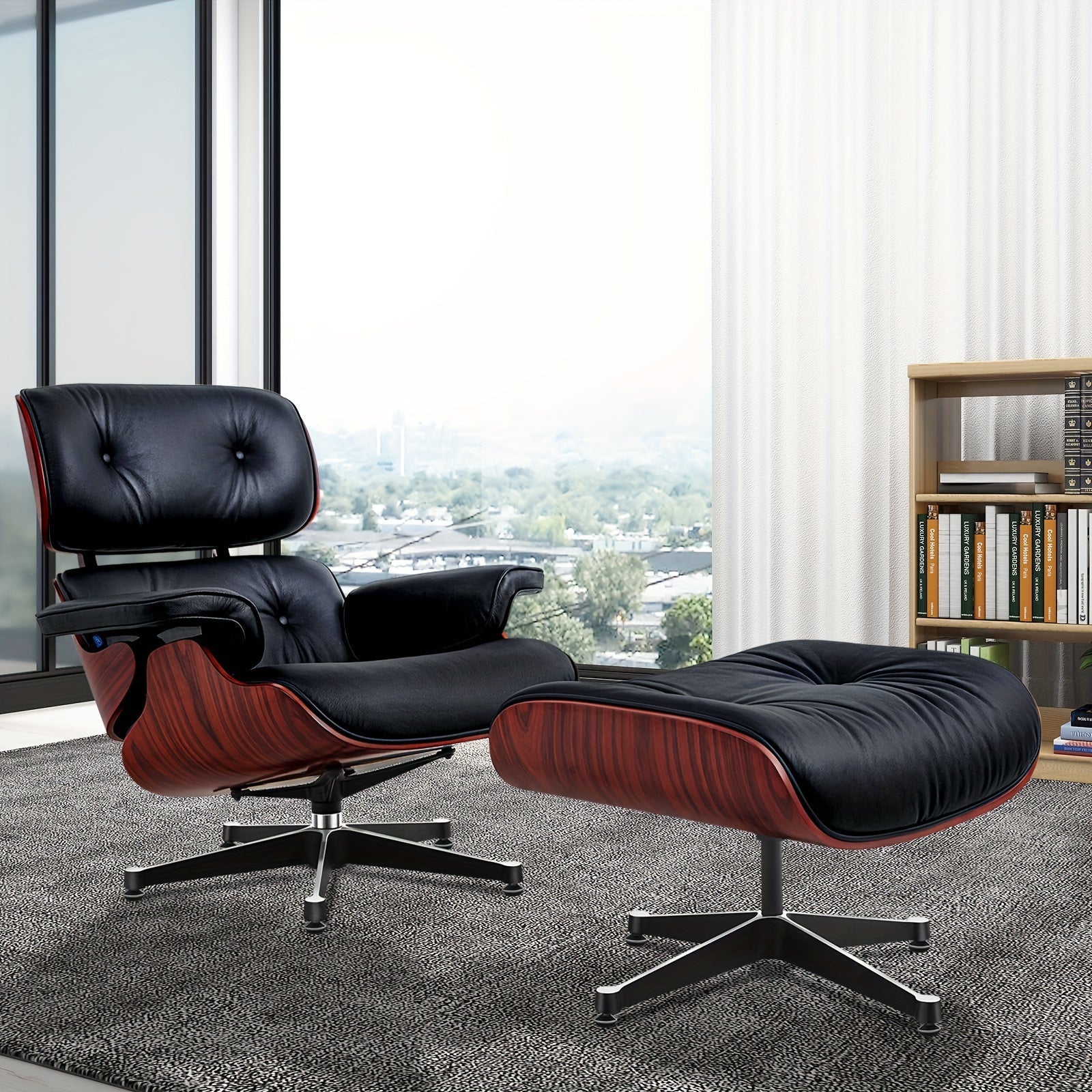 Fauteuil de Lecture - Design Luxueux - Dark rosewood + black leather - Fauteuil de Lecture