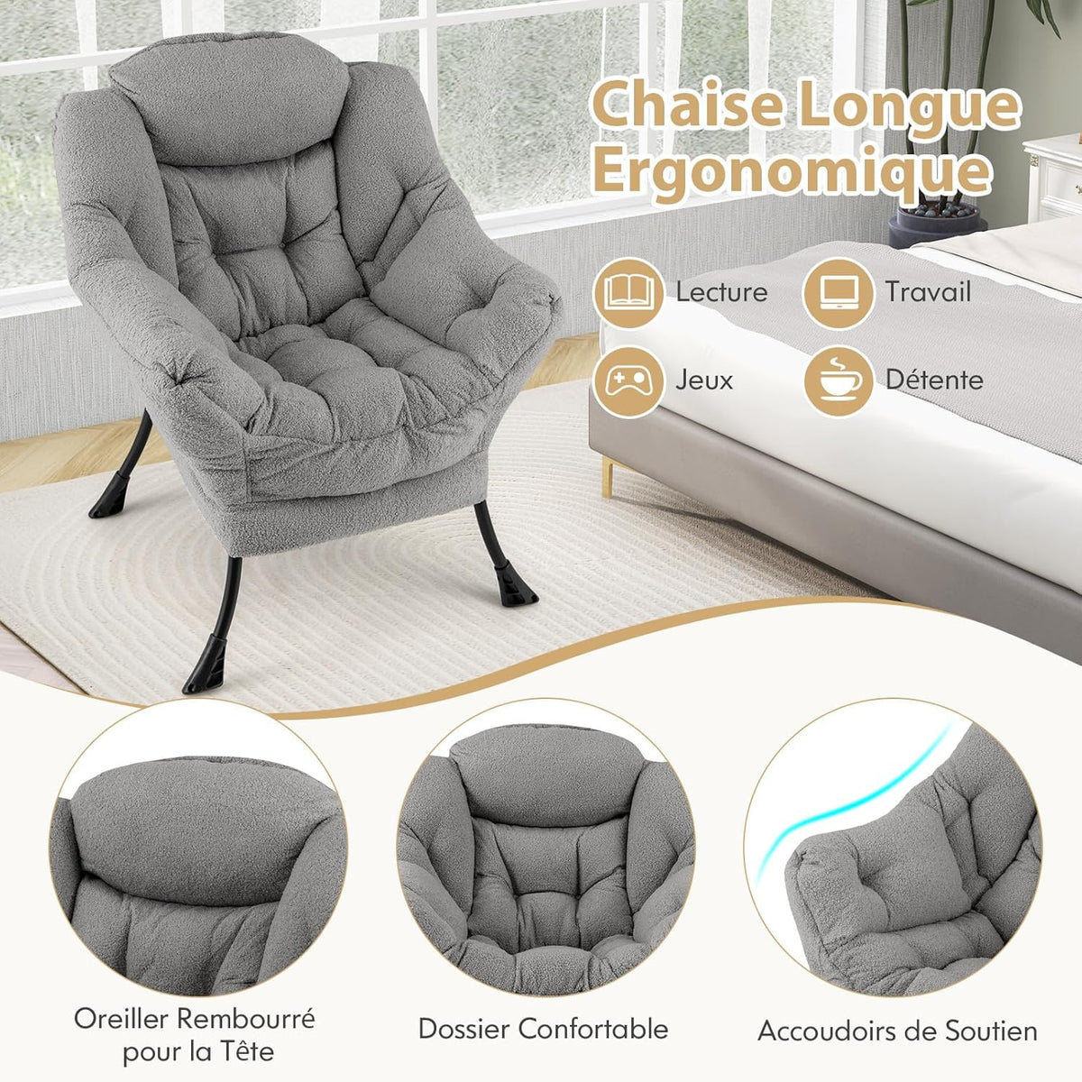 Fauteuil de Lecture - Doux Confortable - Gray - Fauteuil de Lecture