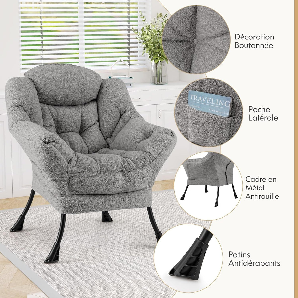 Fauteuil de Lecture - Doux Confortable - Gray - Fauteuil de Lecture