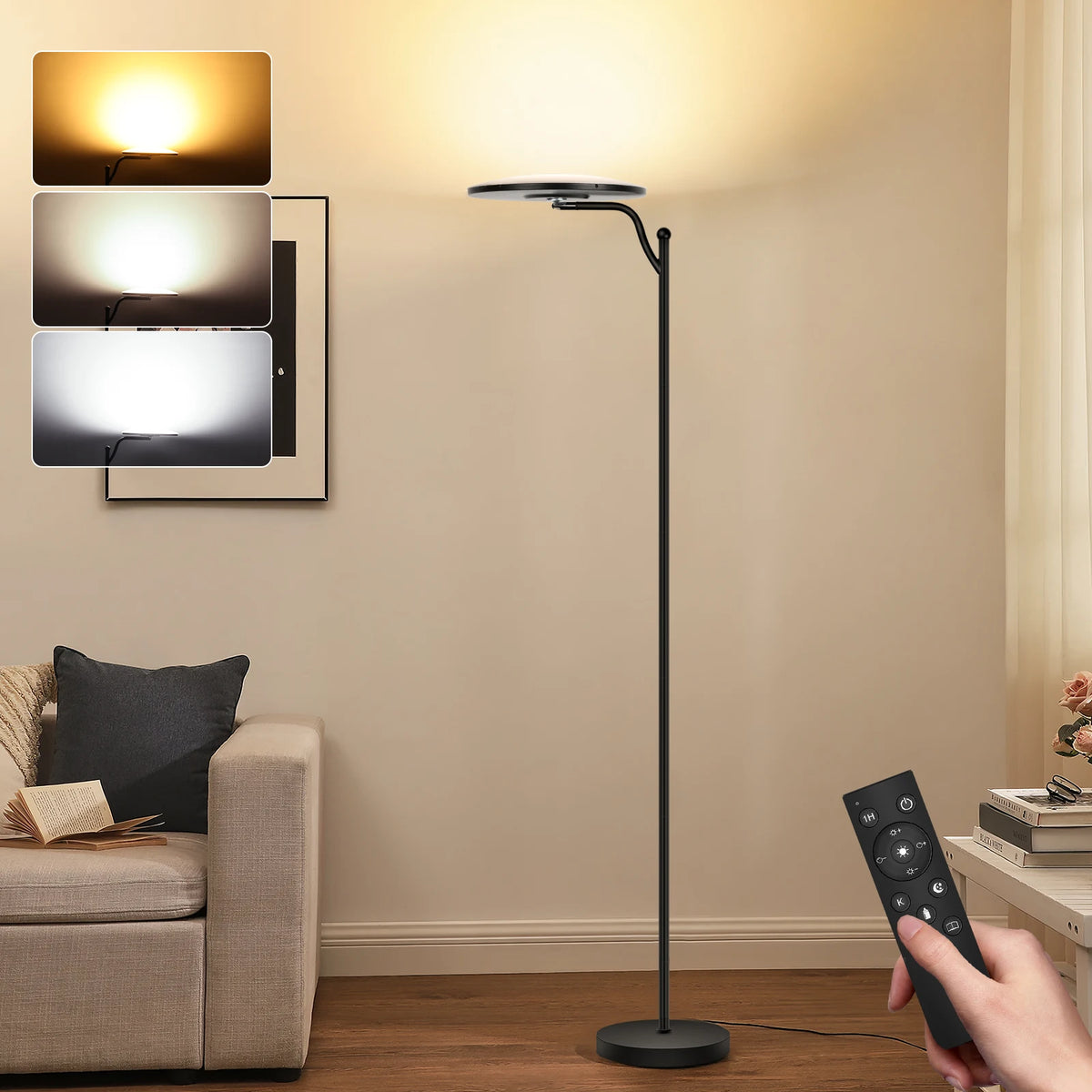 Lampadaire LED 32W orientable à côté d'un canapé