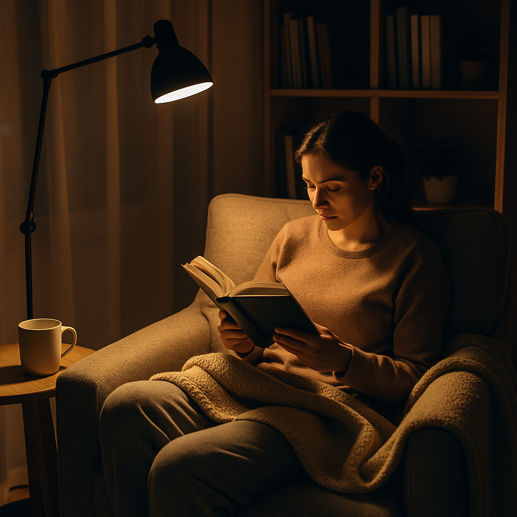 femme qui lis un livre dans son coin lecture éclairer par une lampe de lecture