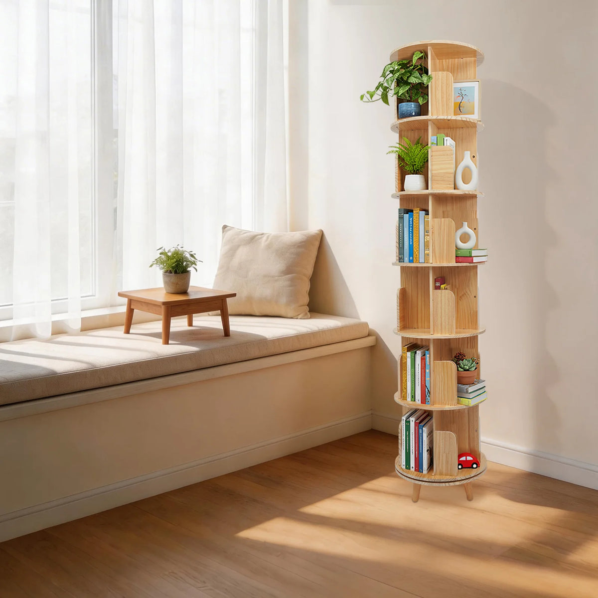 Colonne à livres rotative 360° en bois