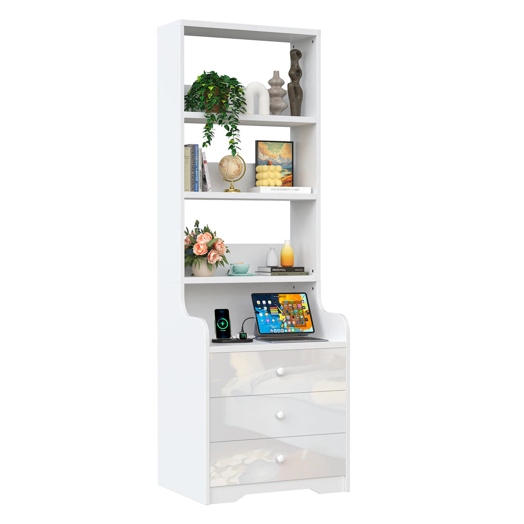 Table de chevet haute avec bibliothèque et 3 tiroirs