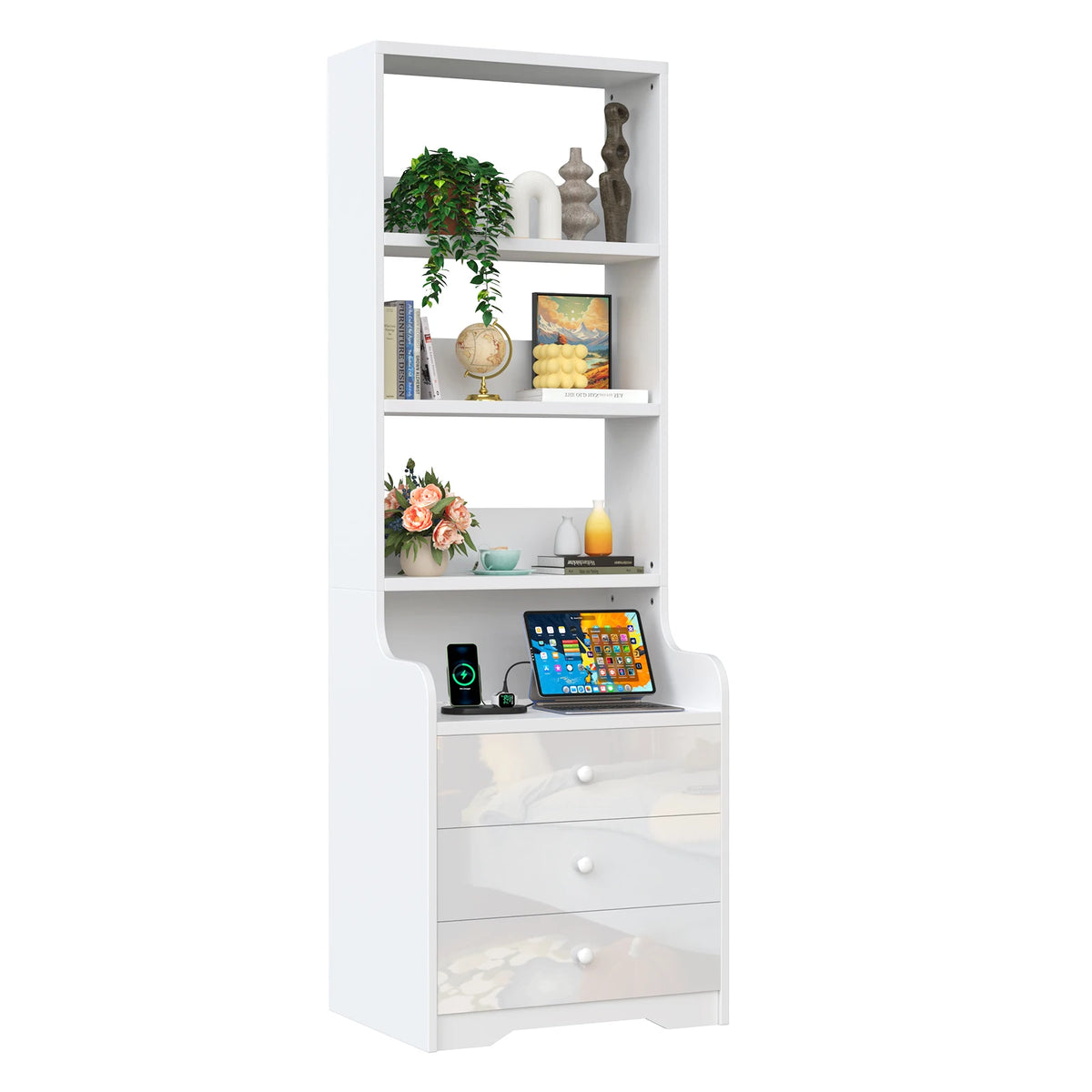 Table de chevet haute avec bibliothèque et 3 tiroirs